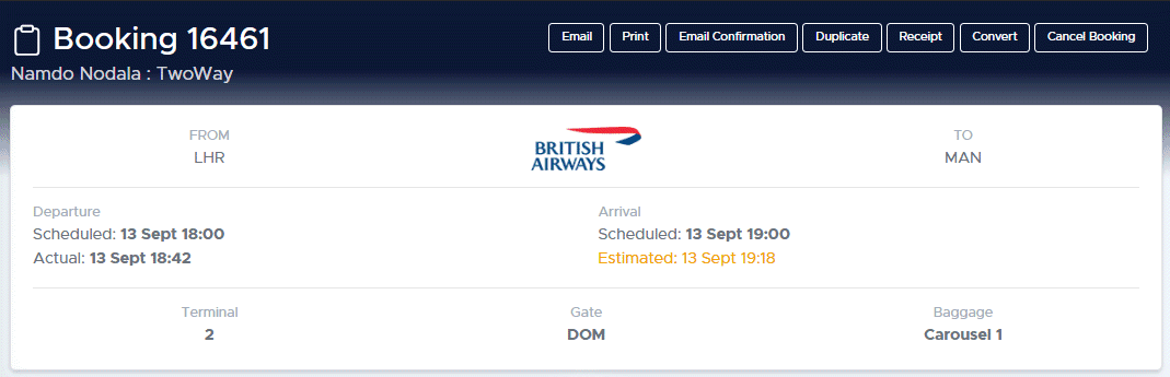 Detailed flight information displayed on an AeroDiary booking